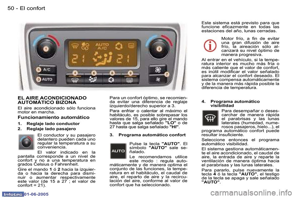 Peugeot 307 Break 2005  Manual del propietario (in Spanish) �5�0 �-
�0�1�-�0�6�-�2�0�0�5
�5�1
�-
�0�1�-�0�6�-�2�0�0�5
�E�L� �A�I�R�E� �A�C�O�N�D�I�C�I�O�N�A�D�O�  
�A�U�T�O�M�Á�T�I�C�O� �B�I�Z�O�N�A
�E�l�  �a�i�r�e�  �a�c�o�n�d�i�c�i�o�n�a�d�o�  �s�ó�l�o�  �