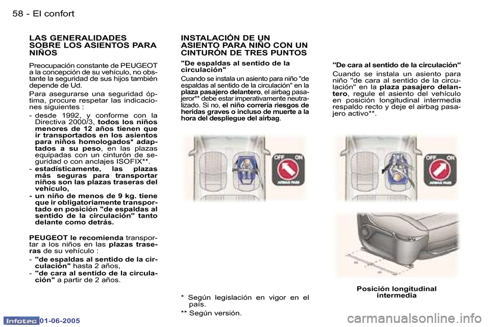 Peugeot 307 Break 2005  Manual del propietario (in Spanish) �5�8 �-
�0�1�-�0�6�-�2�0�0�5
�5�9
�-
�0�1�-�0�6�-�2�0�0�5
�"�D�e� �c�a�r�a� �a�l� �s�e�n�t�i�d�o� �d�e� �l�a� �c�i�r�c�u�l�a�c�i�ó�n�"
�C�u�a�n�d�o�  �s�e�  �i�n�s�t�a�l�a�  �u�n�  �a�s�i�e�n�t�o�  �
