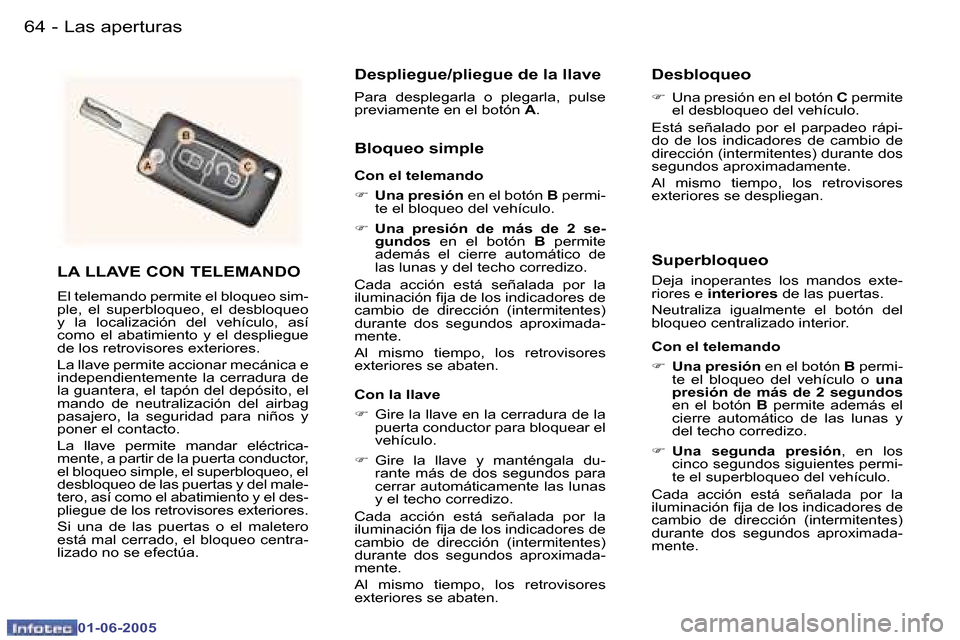 Peugeot 307 Break 2005  Manual del propietario (in Spanish) �6�4 �-
�0�1�-�0�6�-�2�0�0�5
�6�5
�-
�0�1�-�0�6�-�2�0�0�5
�L�A� �L�L�A�V�E� �C�O�N� �T�E�L�E�M�A�N�D�O
�E�l� �t�e�l�e�m�a�n�d�o� �p�e�r�m�i�t�e� �e�l� �b�l�o�q�u�e�o� �s�i�m�- 
�p�l�e�,�  �e�l�  �s�u�