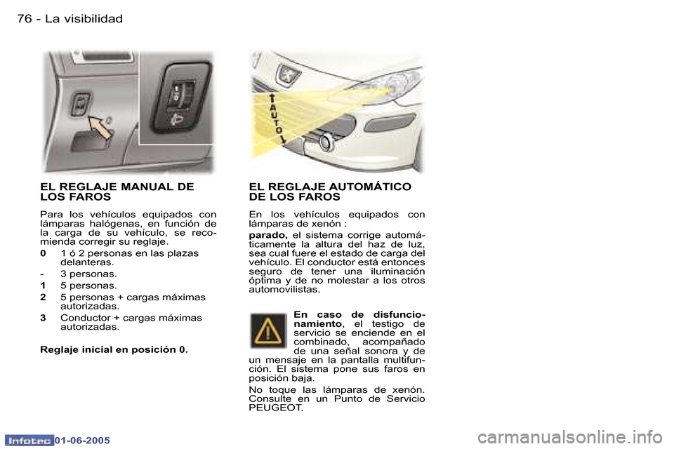 Peugeot 307 Break 2005  Manual del propietario (in Spanish) �L�a� �v�i�s�i�b�i�l�i�d�a�d�7�6 �-
�0�1�-�0�6�-�2�0�0�5
�7�7�L�a� �v�i�s�i�b�i�l�i�d�a�d�-
�0�1�-�0�6�-�2�0�0�5
�E�L� �R�E�G�L�A�J�E� �M�A�N�U�A�L� �D�E�  
�L�O�S� �F�A�R�O�S
�P�a�r�a�  �l�o�s�  �v�e