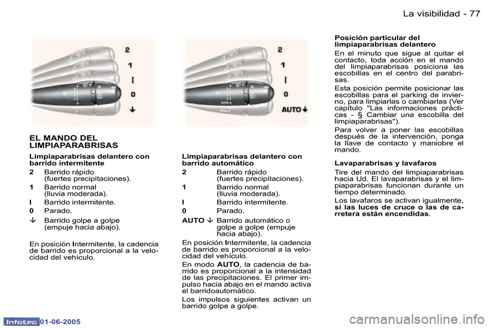 Peugeot 307 Break 2005  Manual del propietario (in Spanish) �L�a� �v�i�s�i�b�i�l�i�d�a�d�7�6 �-
�0�1�-�0�6�-�2�0�0�5
�7�7�L�a� �v�i�s�i�b�i�l�i�d�a�d�-
�0�1�-�0�6�-�2�0�0�5
�P�o�s�i�c�i�ó�n� �p�a�r�t�i�c�u�l�a�r� �d�e�l�  
�l�i�m�p�i�a�p�a�r�a�b�r�i�s�a�s� �d