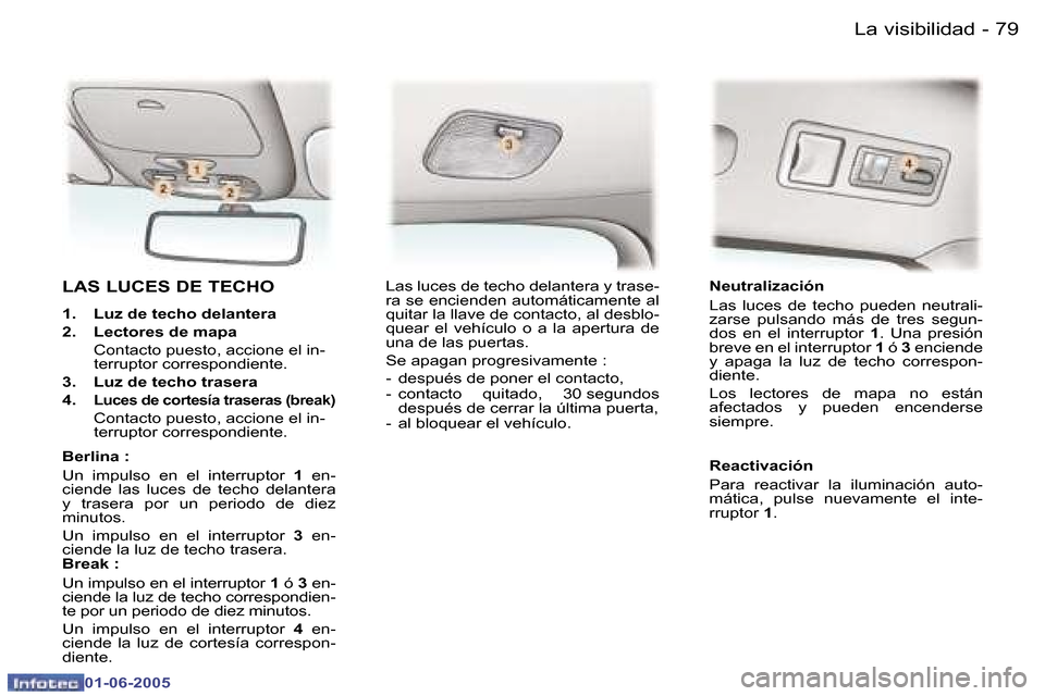 Peugeot 307 Break 2005  Manual del propietario (in Spanish) �L�a� �v�i�s�i�b�i�l�i�d�a�d�7�8 �-
�0�1�-�0�6�-�2�0�0�5
�7�9�L�a� �v�i�s�i�b�i�l�i�d�a�d�-
�0�1�-�0�6�-�2�0�0�5
�L�A�S� �L�U�C�E�S� �D�E� �T�E�C�H�O� 
�1�.�  �L�u�z� �d�e� �t�e�c�h�o� �d�e�l�a�n�t�e�