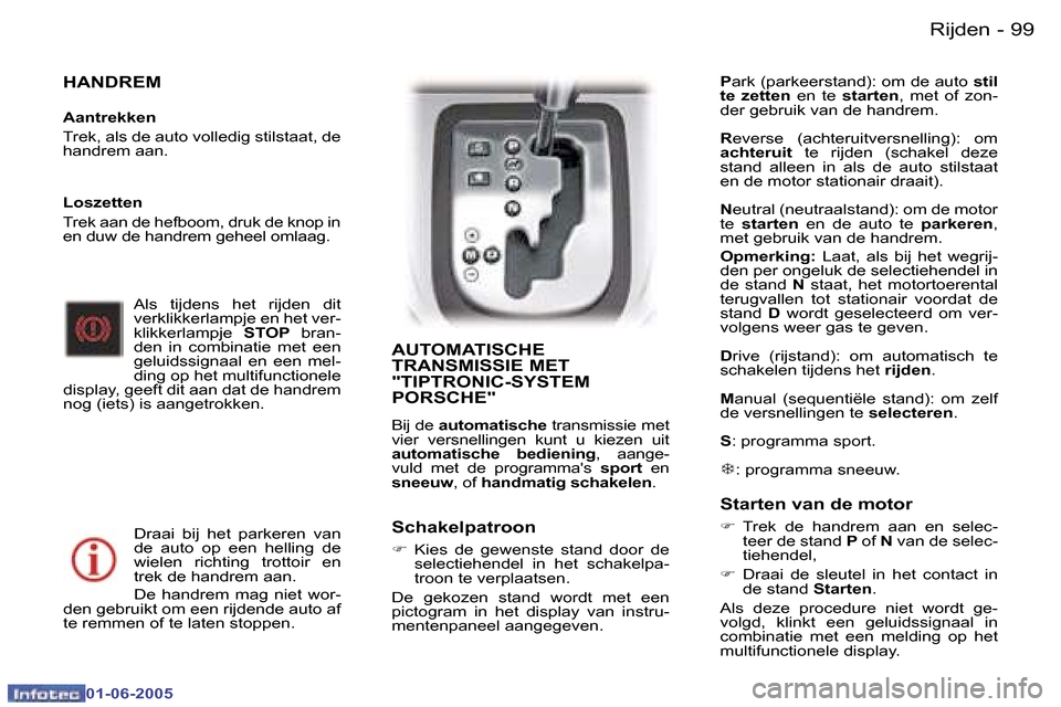 Peugeot 307 Break 2005  Handleiding (in Dutch) �9�9
�-
�0�1�-�0�6�-�2�0�0�5
�H�A�N�D�R�E�M
�A�a�n�t�r�e�k�k�e�n 
�T�r�e�k�,� �a�l�s� �d�e� �a�u�t�o� �v�o�l�l�e�d�i�g� �s�t�i�l�s�t�a�a�t�,� �d�e�  
�h�a�n�d�r�e�m� �a�a�n�.
�A�l�s�  �t�i�j�d�e�n�s� 