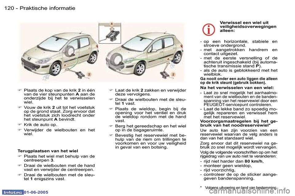 Peugeot 307 Break 2005  Handleiding (in Dutch) �1�2�0 �-
�0�1�-�0�6�-�2�0�0�5
�1�2�1
�-
�0�1�-�0�6�-�2�0�0�5
�F
�  �P�l�a�a�t�s� �d�e� �k�o�p� �v�a�n� �d�e� �k�r�i�k�  �2� �i�n� �é�é�n� 
�v�a�n� �d�e� �v�i�e�r� �s�t�e�u�n�p�u�n�t�e�n�  �A� �a�a�