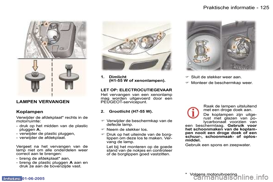 Peugeot 307 Break 2005  Handleiding (in Dutch) �1�2�4 �-
�0�1�-�0�6�-�2�0�0�5
�1�2�5
�-
�0�1�-�0�6�-�2�0�0�5
�L�A�M�P�E�N� �V�E�R�V�A�N�G�E�N
�K�o�p�l�a�m�p�e�n
�V�e�r�w�i�j�d�e�r� �d�e� �a�f�d�e�k�p�l�a�a�t�*� �r�e�c�h�t�s� �i�n� �d�e�  
�m�o�t�o