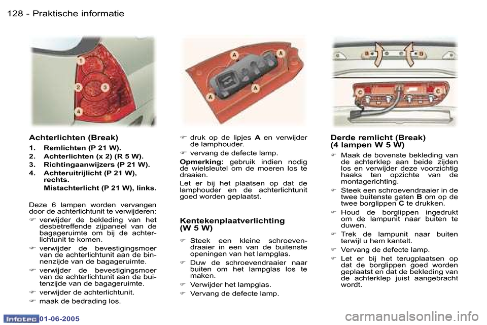 Peugeot 307 Break 2005  Handleiding (in Dutch) �1�2�8 �-
�0�1�-�0�6�-�2�0�0�5
�1�2�9
�-
�0�1�-�0�6�-�2�0�0�5
�D�e�r�d�e� �r�e�m�l�i�c�h�t� �(�B�r�e�a�k�) 
�(�4� �l�a�m�p�e�n� �W� �5� �W�)
�F�  �M�a�a�k�  �d�e�  �b�o�v�e�n�s�t�e�  �b�e�k�l�e�d�i�n�
