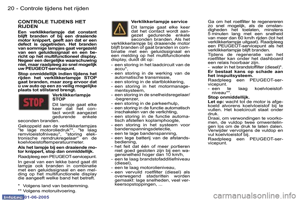 Peugeot 307 Break 2005  Handleiding (in Dutch) �2�0 �-
�0�1�-�0�6�-�2�0�0�5
�2�1
�-
�0�1�-�0�6�-�2�0�0�5
�C�O�N�T�R�O�L�E� �T�I�J�D�E�N�S� �H�E�T�  
�R�I�J�D�E�N
�E�e�n�  �v�e�r�k�l�i�k�k�e�r�l�a�m�p�j�e�  �d�a�t�  �c�o�n�s�t�a�n�t�  
�b�l�i�j�f�t