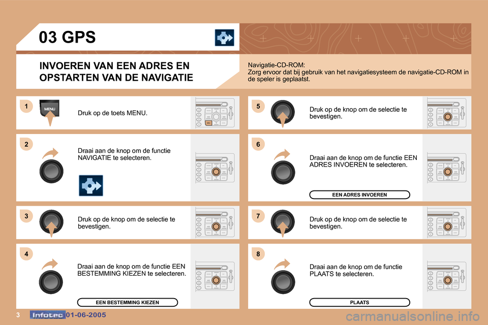 Peugeot 307 Break 2005  Handleiding (in Dutch) �3�0�1�-�0�6�-�2�0�0�5�0�1�-�0�6�-�2�0�0�5
�0�3� �G�P�S�I�N�V�O�E�R�E�N� �V�A�N� �E�E�N� �A�D�R�E�S� �E�N�  
�O�P�S�T�A�R�T�E�N� �V�A�N� �D�E� �N�A�V�I�G�A�T�I�E
�D�r�u�k� �o�p� �d�e� �t�o�e�t�s� �M�E