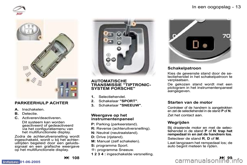 Peugeot 307 Break 2005  Handleiding (in Dutch) �1�2 �-
�0�1�-�0�6�-�2�0�0�5
�1�3
�-
�0�1�-�0�6�-�2�0�0�5
�I�n� �e�e�n� �o�o�g�o�p�s�l�a�g
�A�U�T�O�M�A�T�I�S�C�H�E�  
�T�R�A�N�S�M�I�S�S�I�E� �"�T�I�P�T�R�O�N�I�C�-
�S�Y�S�T�E�M� �P�O�R�S�C�H�E�"
�1�