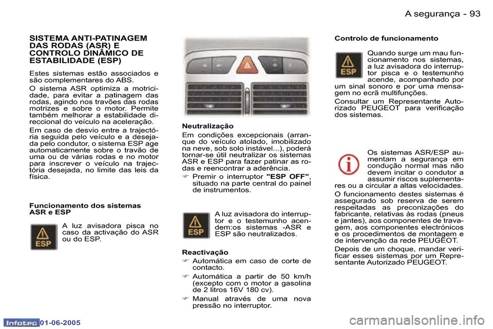 Peugeot 307 Break 2005  Manual do proprietário (in Portuguese) �9�2 �-
�0�1�-�0�6�-�2�0�0�5
�9�3
�-
�0�1�-�0�6�-�2�0�0�5
�S�I�S�T�E�M�A� �A�N�T�I�-�P�A�T�I�N�A�G�E�M�  
�D�A�S� �R�O�D�A�S� �(�A�S�R�)� �E� 
�C�O�N�T�R�O�L�O� �D�I�N�Â�M�I�C�O� �D�E� 
�E�S�T�A�B�I�