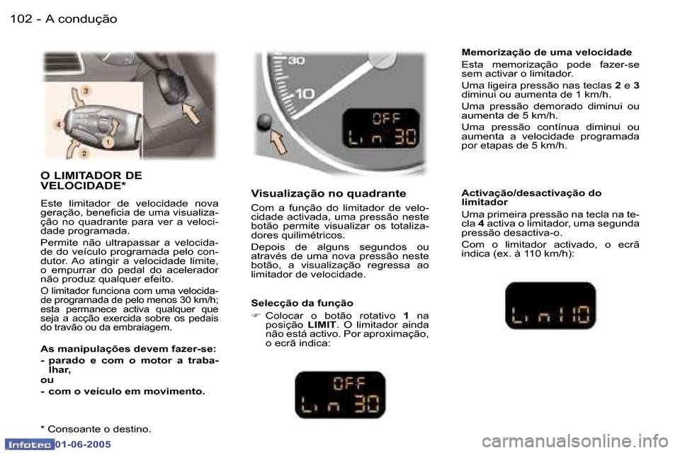 Peugeot 307 Break 2005  Manual do proprietário (in Portuguese) �A� �c�o�n�d�u�ç�ã�o�1�0�2 �-
�0�1�-�0�6�-�2�0�0�5
�1�0�3�A� �c�o�n�d�u�ç�ã�o�-
�0�1�-�0�6�-�2�0�0�5
�O� �L�I�M�I�T�A�D�O�R� �D�E�  
�V�E�L�O�C�I�D�A�D�E�*
�E�s�t�e�  �l�i�m�i�t�a�d�o�r�  �d�e�  �