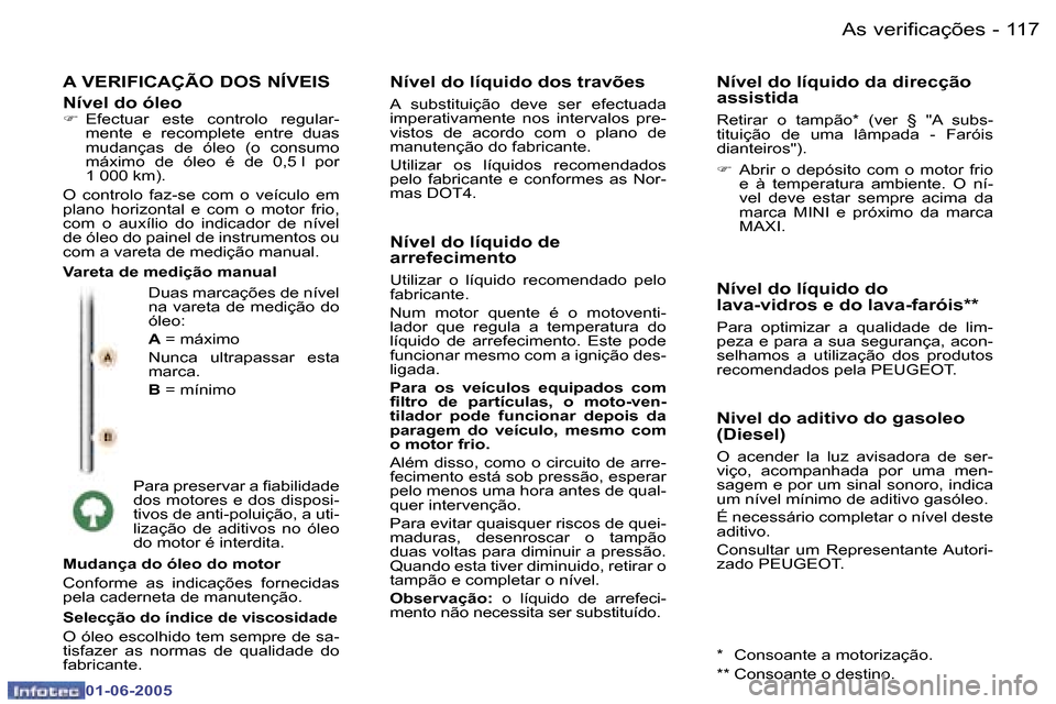 Peugeot 307 Break 2005  Manual do proprietário (in Portuguese) �1�1�6 �-
�0�1�-�0�6�-�2�0�0�5
�1�1�7
�-
�0�1�-�0�6�-�2�0�0�5
�A� �V�E�R�I�F�I�C�A�Ç�Ã�O� �D�O�S� �N�Í�V�E�I�S
�N�í�v�e�l� �d�o� �ó�l�e�o
�D�u�a�s� �m�a�r�c�a�ç�õ�e�s� �d�e� �n�í�v�e�l�  
�n�a
