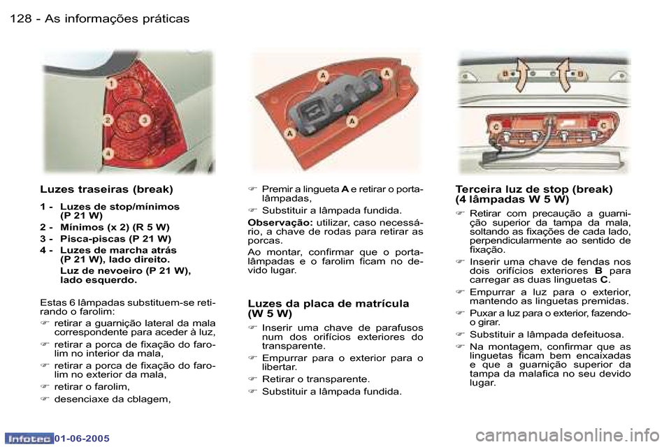 Peugeot 307 Break 2005  Manual do proprietário (in Portuguese) �A�s� �i�n�f�o�r�m�a�ç�õ�e�s� �p�r�á�t�i�c�a�s�1�2�8 �-
�0�1�-�0�6�-�2�0�0�5
�1�2�9�A�s� �i�n�f�o�r�m�a�ç�õ�e�s� �p�r�á�t�i�c�a�s�-
�0�1�-�0�6�-�2�0�0�5
�T�e�r�c�e�i�r�a� �l�u�z� �d�e� �s�t�o�p�