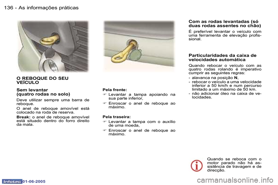 Peugeot 307 Break 2005  Manual do proprietário (in Portuguese) �A�s� �i�n�f�o�r�m�a�ç�õ�e�s� �p�r�á�t�i�c�a�s�1�3�6 �-
�0�1�-�0�6�-�2�0�0�5
�1�3�7�A�s� �i�n�f�o�r�m�a�ç�õ�e�s� �p�r�á�t�i�c�a�s�-
�0�1�-�0�6�-�2�0�0�5
�S�e�m� �l�e�v�a�n�t�a�r 
�(�q�u�a�t�r�o�