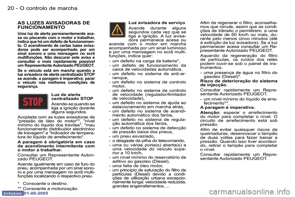 Peugeot 307 Break 2005  Manual do proprietário (in Portuguese) �O� �c�o�n�t�r�o�l�o� �d�e� �m�a�r�c�h�a�2�0 �-
�0�1�-�0�6�-�2�0�0�5
�2�1�O� �c�o�n�t�r�o�l�o� �d�e� �m�a�r�c�h�a�-
�0�1�-�0�6�-�2�0�0�5
�A�S� �L�U�Z�E�S� �A�V�I�S�A�D�O�R�A�S� �D�E�  
�F�U�N�C�I�O�N�