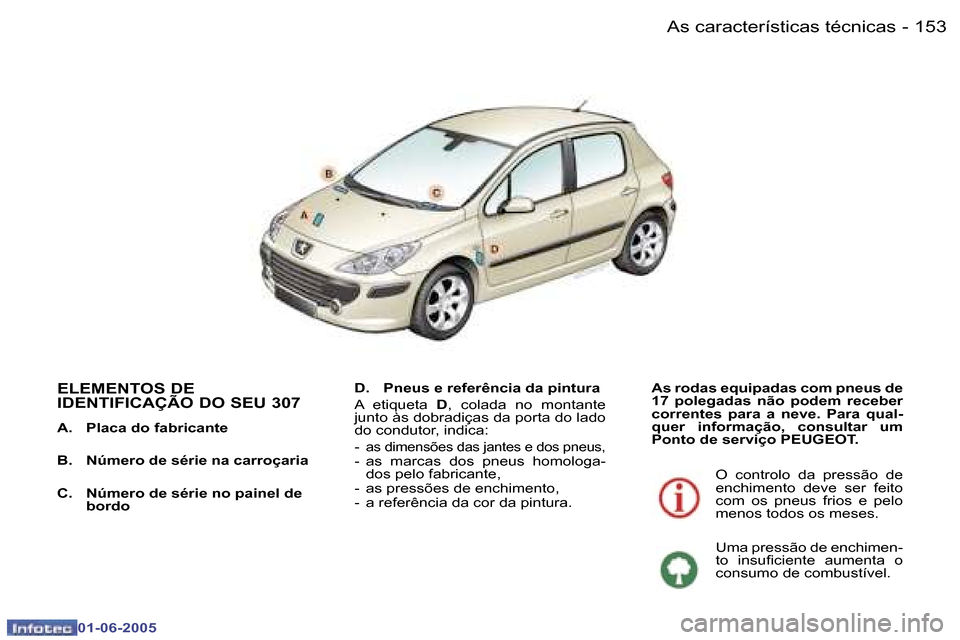 Peugeot 307 Break 2005  Manual do proprietário (in Portuguese) �1�5�2 �-
�0�1�-�0�6�-�2�0�0�5
�1�5�3
�-
�0�1�-�0�6�-�2�0�0�5
�E�L�E�M�E�N�T�O�S� �D�E�  
�I�D�E�N�T�I�F�I�C�A�Ç�Ã�O� �D�O� �S�E�U� �3�0�7
�A�.
� �P�l�a�c�a� �d�o� �f�a�b�r�i�c�a�n�t�e� 
�B�. � �N�