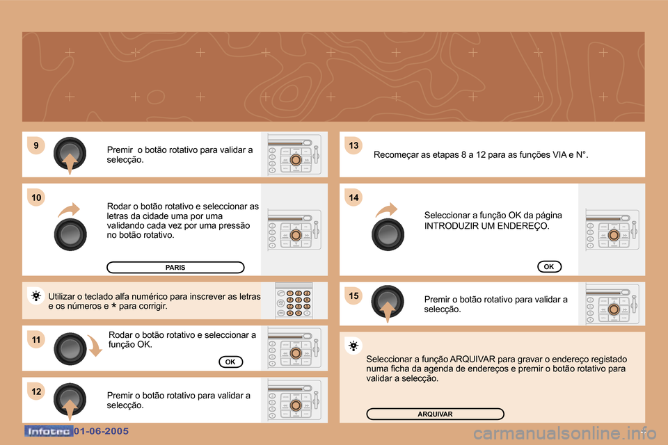 Peugeot 307 Break 2005  Manual do proprietário (in Portuguese) �4�0�1�-�0�6�-�2�0�0�5�0�1�-�0�6�-�2�0�0�5
�P�r�e�m�i�r� � �o� �b�o�t�ã�o� �r�o�t�a�t�i�v�o� �p�a�r�a� �v�a�l�i�d�a�r� �a�  
�s�e�l�e�c�ç�ã�o�. 
�R�o�d�a�r� �o� �b�o�t�ã�o� �r�o�t�a�t�i�v�o� �e� �
