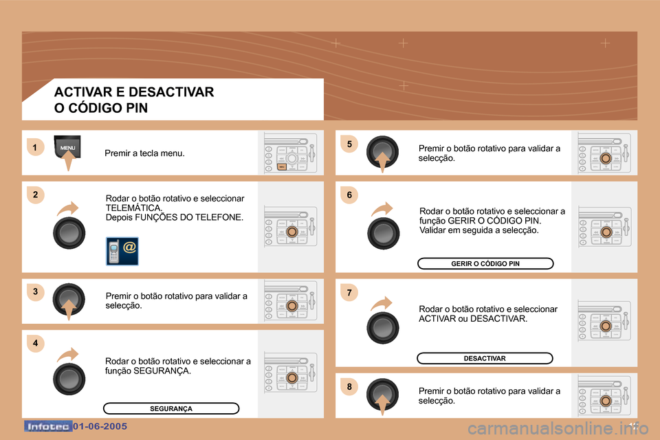 Peugeot 307 Break 2005  Manual do proprietário (in Portuguese) �1�2�0�1�-�0�6�-�2�0�0�5�0�1�-�0�6�-�2�0�0�5
�P�r�e�m�i�r� �a� �t�e�c�l�a� �m�e�n�u�.�R�o�d�a�r� �o� �b�o�t�ã�o� �r�o�t�a�t�i�v�o� �e� �s�e�l�e�c�c�i�o�n�a�r�  
�T�E�L�E�M�Á�T�I�C�A�.
�D�e�p�o�i�s� 