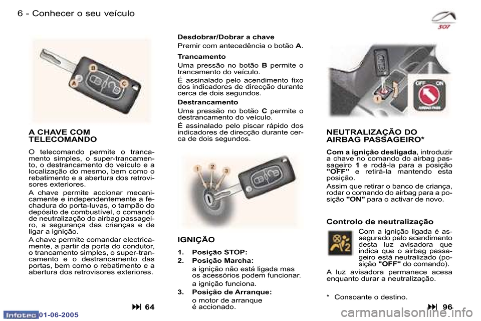 Peugeot 307 Break 2005  Manual do proprietário (in Portuguese) �6 �-
�0�1�-�0�6�-�2�0�0�5
�7
�-
�0�1�-�0�6�-�2�0�0�5
�C�o�n�h�e�c�e�r� �o� �s�e�u� �v�e�í�c�u�l�o
�A� �C�H�A�V�E� �C�O�M�  
�T�E�L�E�C�O�M�A�N�D�O
�O�  �t�e�l�e�c�o�m�a�n�d�o�  �p�e�r�m�i�t�e�  �o� 