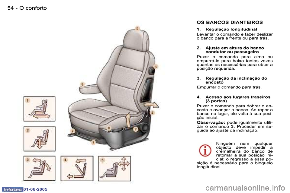 Peugeot 307 Break 2005  Manual do proprietário (in Portuguese) �O� �c�o�n�f�o�r�t�o�5�4 �-
�0�1�-�0�6�-�2�0�0�5
�5�5�O� �c�o�n�f�o�r�t�o�-
�0�1�-�0�6�-�2�0�0�5
�O�S� �B�A�N�C�O�S� �D�I�A�N�T�E�I�R�O�S
�1�.�  �R�e�g�u�l�a�ç�ã�o� �l�o�n�g�i�t�u�d�i�n�a�l 
�L�e�v�