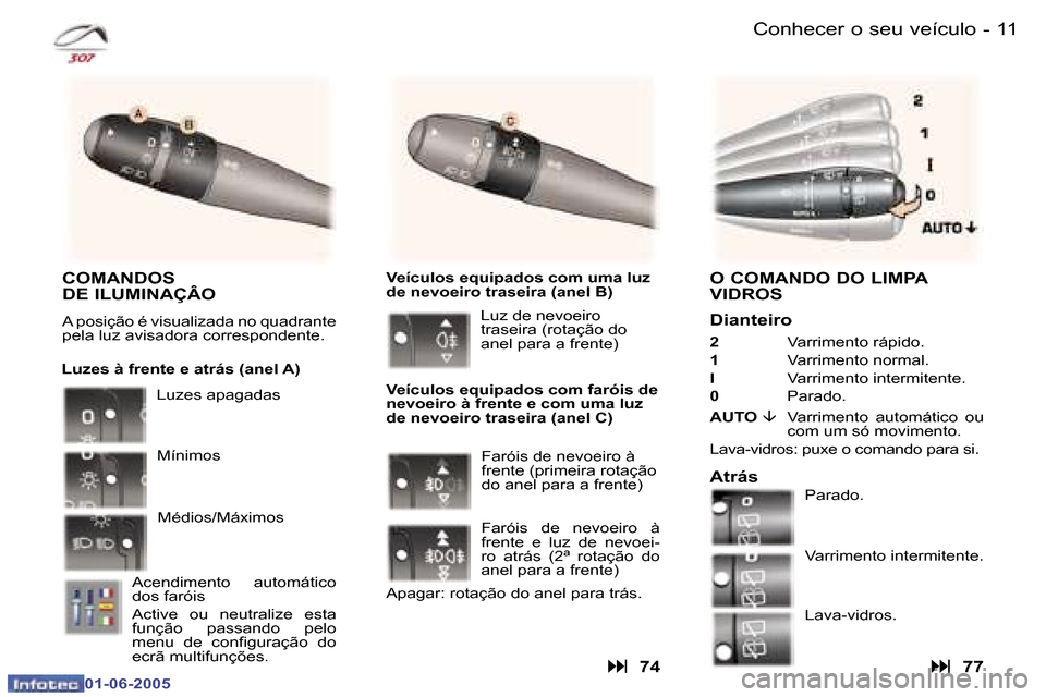 Peugeot 307 Break 2005  Manual do proprietário (in Portuguese) �1�0 �-
�0�1�-�0�6�-�2�0�0�5
�1�1
�-
�0�1�-�0�6�-�2�0�0�5
�C�o�n�h�e�c�e�r� �o� �s�e�u� �v�e�í�c�u�l�o
�O� �C�O�M�A�N�D�O� �D�O� �L�I�M�P�A�  
�V�I�D�R�O�S
�D�i�a�n�t�e�i�r�o
�2 �  �V�a�r�r�i�m�e�n�t