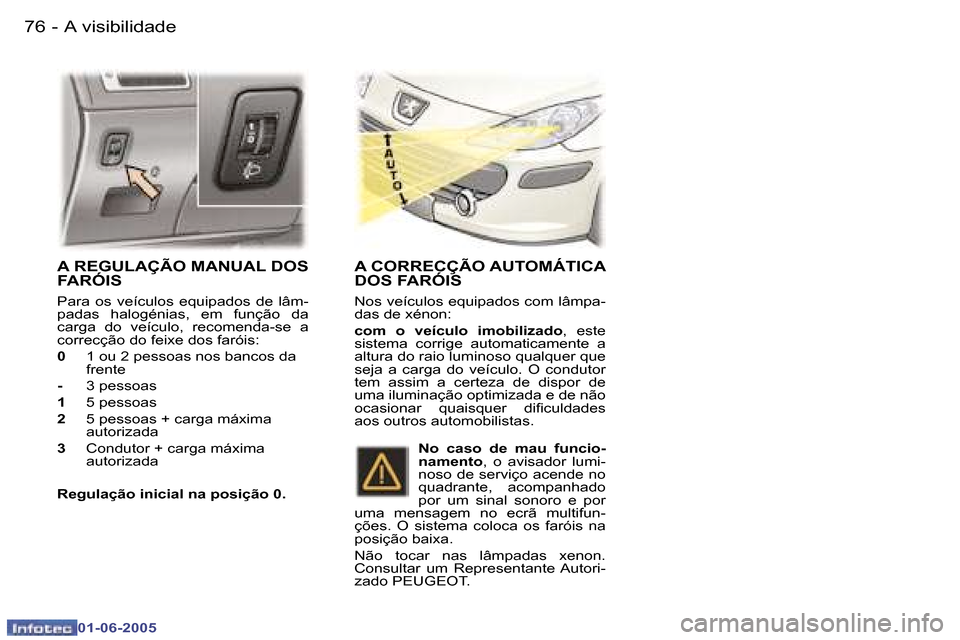 Peugeot 307 Break 2005  Manual do proprietário (in Portuguese) �A� �v�i�s�i�b�i�l�i�d�a�d�e�7�6 �-
�0�1�-�0�6�-�2�0�0�5
�7�7�A� �v�i�s�i�b�i�l�i�d�a�d�e�-
�0�1�-�0�6�-�2�0�0�5
�A� �R�E�G�U�L�A�Ç�Ã�O� �M�A�N�U�A�L� �D�O�S�  
�F�A�R�Ó�I�S
�P�a�r�a�  �o�s�  �v�e�