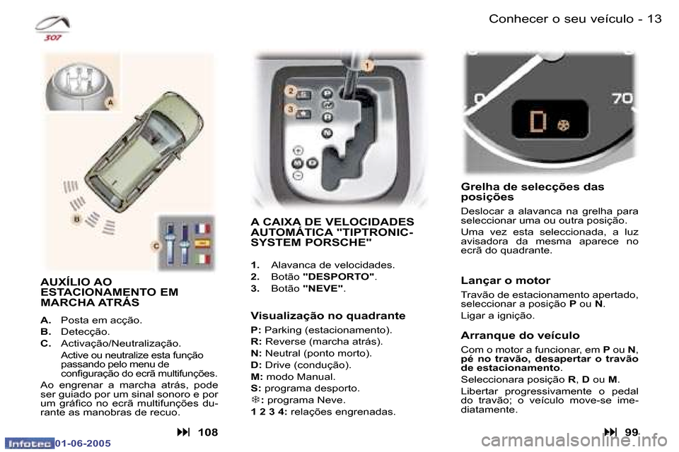 Peugeot 307 Break 2005  Manual do proprietário (in Portuguese) �1�2 �-
�0�1�-�0�6�-�2�0�0�5
�1�3
�-
�0�1�-�0�6�-�2�0�0�5
�C�o�n�h�e�c�e�r� �o� �s�e�u� �v�e�í�c�u�l�o
�A� �C�A�I�X�A� �D�E� �V�E�L�O�C�I�D�A�D�E�S�  
�A�U�T�O�M�Á�T�I�C�A� �"�T�I�P�T�R�O�N�I�C�-
�S