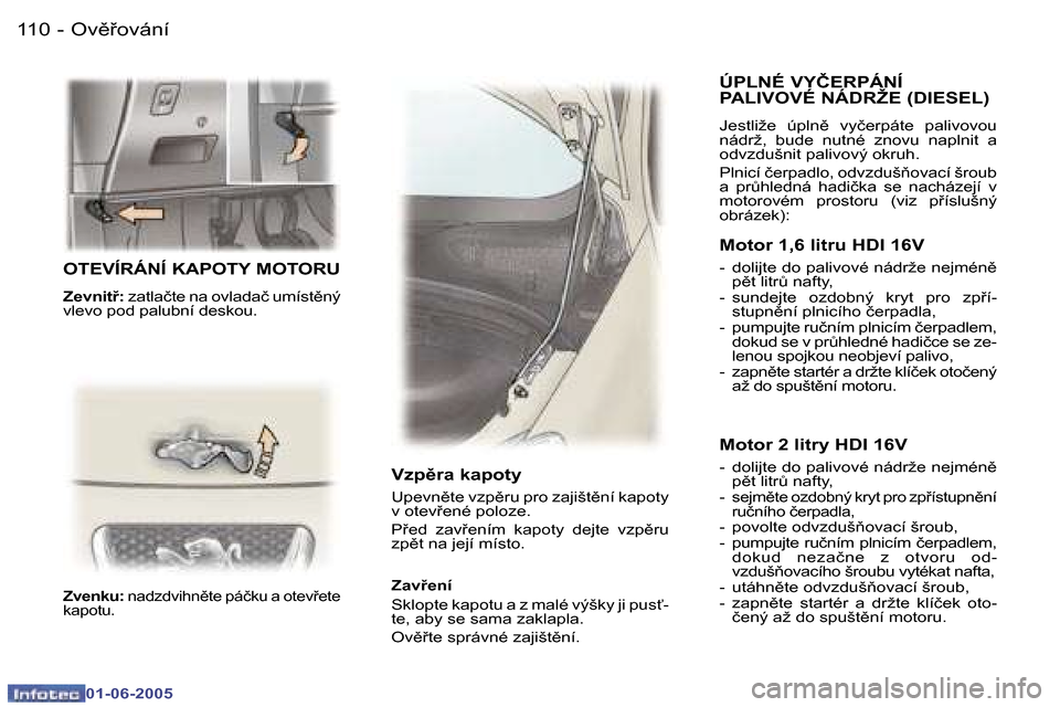 Peugeot 307 Break 2005  Návod k obsluze (in Czech) �1�1�0 �-
�0�1�-�0�6�-�2�0�0�5
�1�1�1
�-
�0�1�-�0�6�-�2�0�0�5
�O�T�E�V�Í�R�Á�N�Í� �K�A�P�O�T�Y� �M�O�T�O�R�U
�Z�e�v�n�i�t9�:
� �z�a�t�l�a�č�t�e� �n�a� �o�v�l�a�d�a�č� �u�m�í�s�t)�n�ý� 
�v�l�e