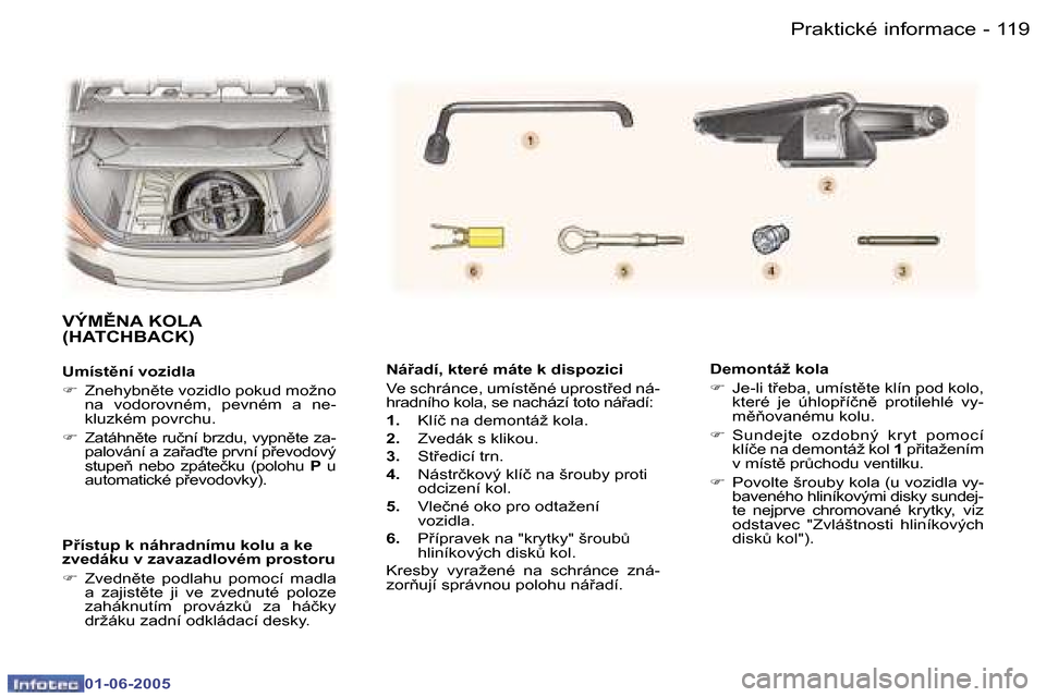 Peugeot 307 Break 2005  Návod k obsluze (in Czech) �1�1�9
�-
�0�1�-�0�6�-�2�0�0�5
�N�á9�a�d�í�,� �k�t�e�r�é� �m�á�t�e� �k� �d�i�s�p�o�z�i�c�i 
�V�e� �s�c�h�r�á�n�c�e�,� �u�m�í�s�t)�n�é� �u�p�r�o�s�t9�e�d� �n�á�- 
�h�r�a�d�n�í�h�o� �k�o�l�a