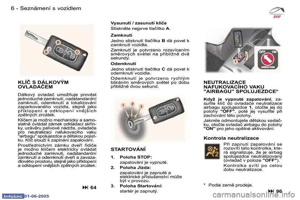Peugeot 307 Break 2005  Návod k obsluze (in Czech) �6 �-
�0�1�-�0�6�-�2�0�0�5
�7
�-
�0�1�-�0�6�-�2�0�0�5
�S�e�z�n�á�m�e�n�í� �s� �v�o�z�i�d�l�e�m
�K�L�Í�Č� �S� �D�Á�L�K�O�V�Ý�M�  
�O�V�L�A�D�A�Č�E�M
�D�á�l�k�o�v�ý�  �o�v�l�a�d�a�č�  �u�m�o�