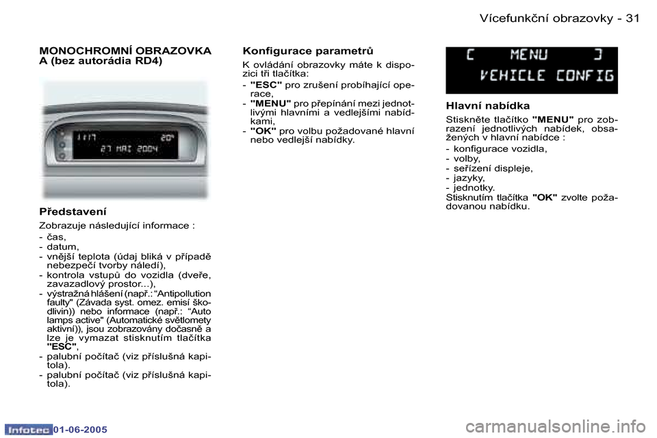 Peugeot 307 Break 2005  Návod k obsluze (in Czech) �3�1
�-
�0�1�-�0�6�-�2�0�0�5
�P�e�d�s�t�a�v�e�n�í
�Z�o�b�r�a�z�u�j�e� �n�á�s�l�e�d�u�j�í�c�í� �i�n�f�o�r�m�a�c�e� �: 
�-�  �č�a�s�, 
�-�  �d�a�t�u�m�,
�-�  �v�n)�j�š�í�  �t�e�p�l�o�t�a�  �(�