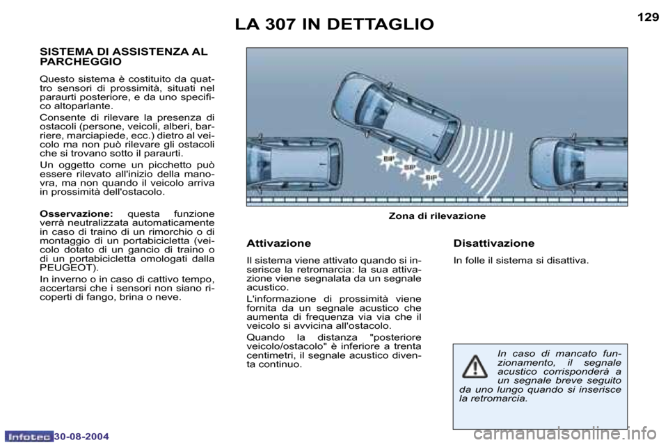 Peugeot 307 Break 2004.5  Manuale del proprietario (in Italian) �1�2�8
�3�0�-�0�8�-�2�0�0�4
�1�2�9
�3�0�-�0�8�-�2�0�0�4
�L�A� �3�0�7� �I�N� �D�E�T�T�A�G�L�I�O
�S�I�S�T�E�M�A� �D�I� �A�S�S�I�S�T�E�N�Z�A� �A�L�  
�P�A�R�C�H�E�G�G�I�O
�Q�u�e�s�t�o�  �s�i�s�t�e�m�a�  