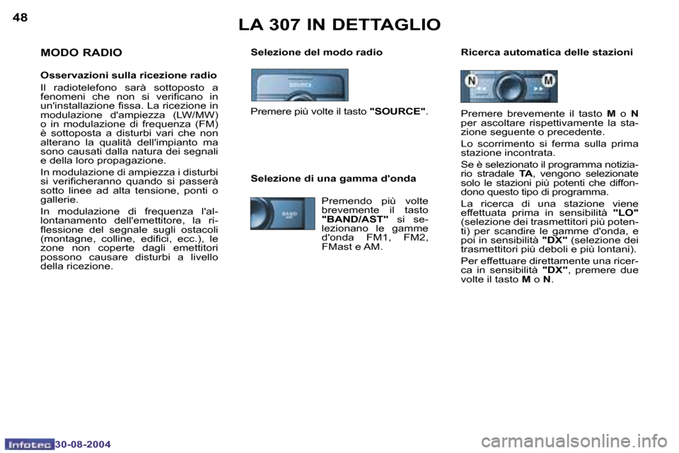 Peugeot 307 Break 2004.5  Manuale del proprietario (in Italian) �4�8
�3�0�-�0�8�-�2�0�0�4
�4�9
�3�0�-�0�8�-�2�0�0�4
�L�A� �3�0�7� �I�N� �D�E�T�T�A�G�L�I�O
�S�e�l�e�z�i�o�n�e� �d�e�l� �m�o�d�o� �r�a�d�i�o�  �R�i�c�e�r�c�a� �a�u�t�o�m�a�t�i�c�a� �d�e�l�l�e� �s�t�a�z