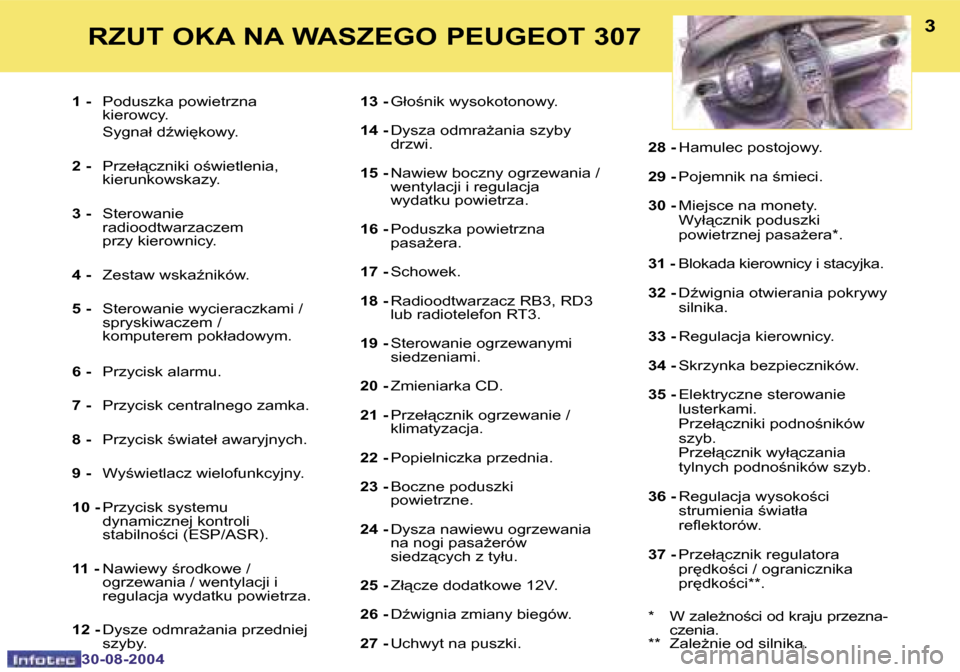 Peugeot 307 Break 2004.5  Instrukcja Obsługi (in Polish) �2
�3�0�-�0�8�-�2�0�0�4
�3
�3�0�-�0�8�-�2�0�0�4
�1� �-�  �P�o�d�u�s�z�k�a� �p�o�w�i�e�t�r�z�n�a� 
�k�i�e�r�o�w�c�y�.
�  �S�y�g�n�a�ł� �dE�w�i
�k�o�w�y�. 
�2� �-�  �P�r�z�e�ł"�c�z�n�i�k�i� �o;�w�