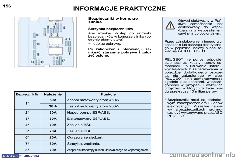 Peugeot 307 Break 2004.5  Instrukcja Obsługi (in Polish) �1�5�6
�3�0�-�0�8�-�2�0�0�4
�1�5�7
�3�0�-�0�8�-�2�0�0�4
�I�N�F�O�R�M�A�C�J�E� �P�R�A�K�T�Y�C�Z�N�E�B�e�z�p�i�e�c�z�n�i�k�i� �w� �k�o�m�o�r�z�e�  
�s�i�l�n�i�k�a
�S�k�r�z�y�n�k�a� �b�e�z�p�i�e�c�z�n�i�