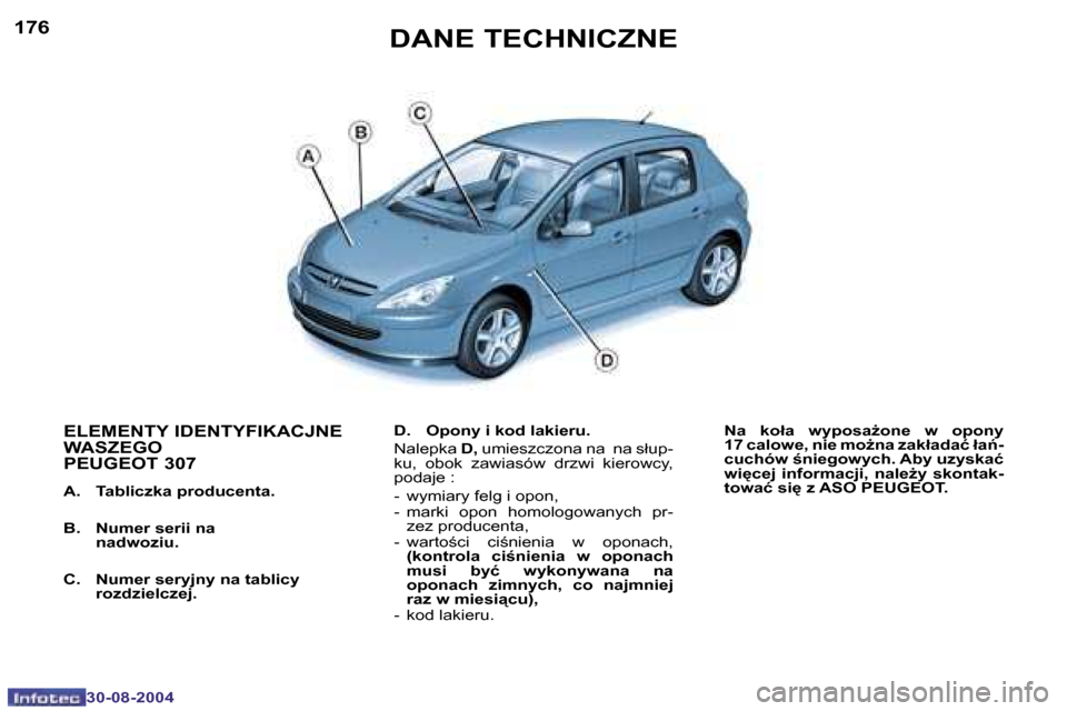 Peugeot 307 Break 2004.5  Instrukcja Obsługi (in Polish) �1�7�6
�3�0�-�0�8�-�2�0�0�4
�D�A�N�E� �T�E�C�H�N�I�C�Z�N�E
�E�L�E�M�E�N�T�Y� �I�D�E�N�T�Y�F�I�K�A�C�J�N�E�  
�W�A�S�Z�E�G�O� 
�P�E�U�G�E�O�T� �3�0�7� 
�A�.�  �T�a�b�l�i�c�z�k�a� �p�r�o�d�u�c�e�n�t�a�.