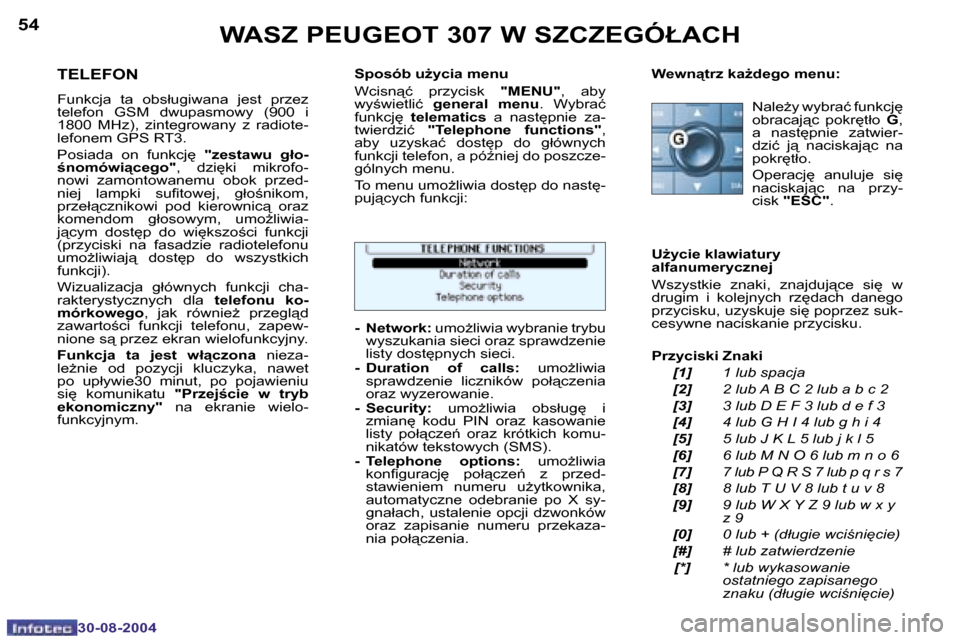 Peugeot 307 Break 2004.5  Instrukcja Obsługi (in Polish) �5�4
�3�0�-�0�8�-�2�0�0�4
�5�5
�3�0�-�0�8�-�2�0�0�4
�W�A�S�Z� �P�E�U�G�E�O�T� �3�0�7� �W� �S�Z�C�Z�E�G�Ó�Ł�A�C�H
�T�E�L�E�F�O�N
�F�u�n�k�c�j�a�  �t�a�  �o�b�s�ł�u�g�i�w�a�n�a�  �j�e�s�t�  �p�r�z�e�