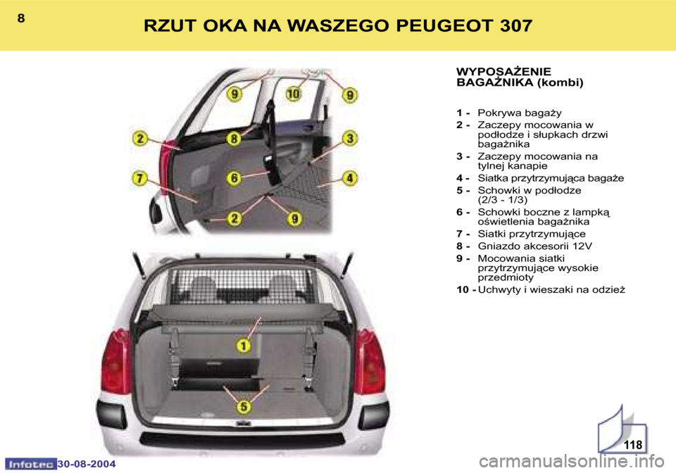 Peugeot 307 Break 2004.5  Instrukcja Obsługi (in Polish) �1�1�8
�8
�3�0�-�0�8�-�2�0�0�4
�9
�3�0�-�0�8�-�2�0�0�4
�R�Z�U�T� �O�K�A� �N�A� �W�A�S�Z�E�G�O� �P�E�U�G�E�O�T� �3�0�7
�W�Y�P�O�S�AF�E�N�I�E�  
�B�A�G�AF�N�I�K�A� �(�k�o�m�b�i�)
�1� �-� �P�o�k�r�y�w�