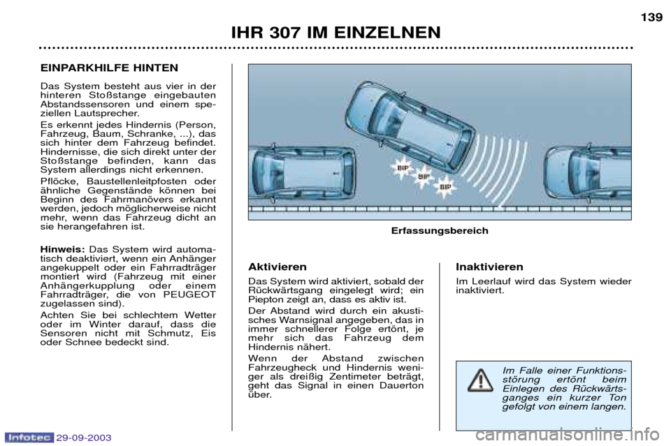 Peugeot 307 Break 2003.5  Betriebsanleitung (in German) 29-09-2003
IHR 307 IM EINZELNEN139
EINPARKHILFE HINTEN  Das System besteht aus vier in der hinteren Stoßstange eingebautenAbstandssensoren und einem spe-
ziellen Lautsprecher. Es erkennt jedes Hinder