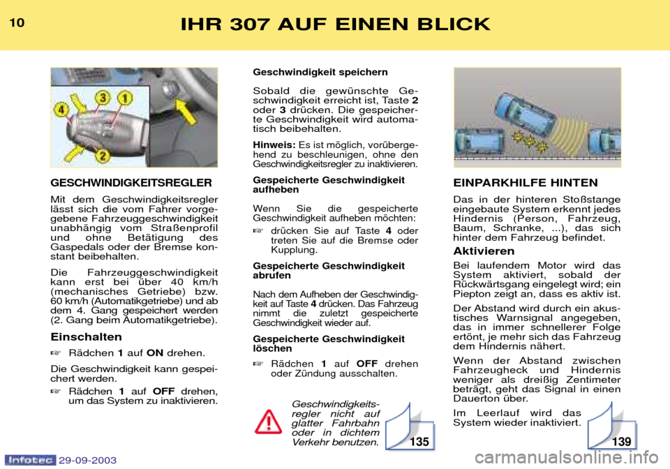 Peugeot 307 Break 2003.5  Betriebsanleitung (in German) 10IHR 307 AUF EINEN BLICK

EINPARKHILFE HINTEN 
0   	 	*	 

	G		3
  :; 6

  555<  
	