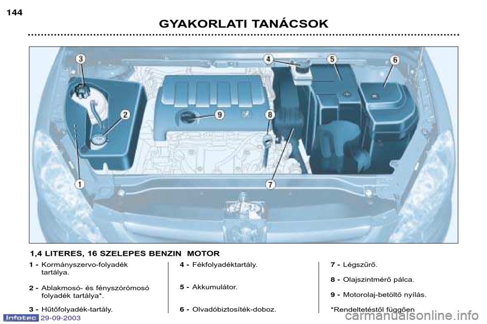 Peugeot 307 Break 2003.5  Kezelési útmutató (in Hungarian) 
GYAKORLATI TANÁCSOK

1,4 LITERES, 16 SZELEPES BENZIN  MOTOR

Kormányszervo-folyadék  tartálya.
 Ablakmosó- és fényszórómosó
folyadék tartálya*.
 Hűtőfolyadék-tart