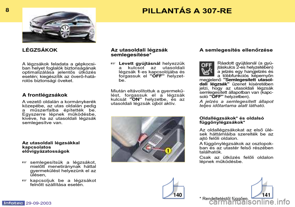 Peugeot 307 Break 2003.5  Kezelési útmutató (in Hungarian) ACD7 
2 
 eladata  a  gépkocsi-
ban helyet foglalók biztonságának 
optimalizálása  jelentős  ütközés
esetén;  kiegészítik  az  överő-hatá-
rolós biztonsági öveket. 
