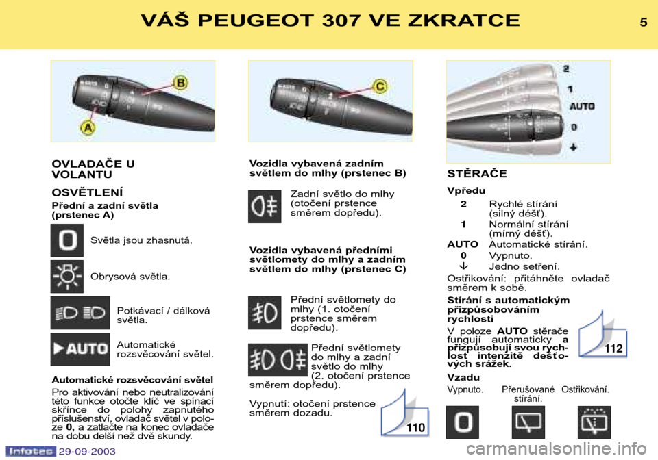 Peugeot 307 Break 2003.5  Návod k obsluze (in Czech) STĚRAČE Vpředu Rychlé stírání  
(silný déšť).
 Normální stírání 
(mírný déšť).
AUTO Automatické stírání.
0 Vypnuto.
� Jedno setření.
Ostřikování:  přitáhněte  ovlada