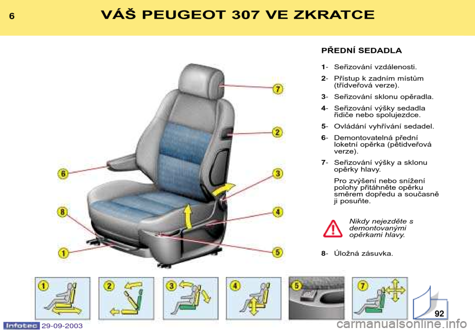 Peugeot 307 Break 2003.5  Návod k obsluze (in Czech) VÁŠ PEUGEOT 307 VE ZKRATCE

PŘEDNÍ SEDADLA  Seřizování vzdálenosti.
2  Přístup k zadním místům 
(třídveřová verze).
3  Seřizování sklonu opěradla.
4  Seřizování