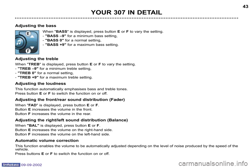 Peugeot 307 Break 2002.5 Owners Guide 09-09-2002
Adjusting the bassWhen "BASS" is displayed, press button  Eor  Fto vary the setting.
�  "BASS –9" for a minimum bass setting,
�  "BASS 0" for a normal setting,
�  "BASS +9" for a maximum 