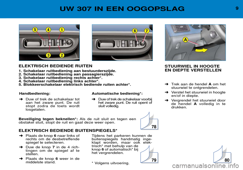Peugeot 307 Break 2002  Handleiding (in Dutch) ELEKTRISCH BEDIENDE RUITEN 1. Schakelaar ruitbediening aan bestuurderszijde. 2. Schakelaar ruitbediening aan passagierszijde.3. Schakelaar ruitbediening rechts achter*.4. Schakelaar ruitbediening link