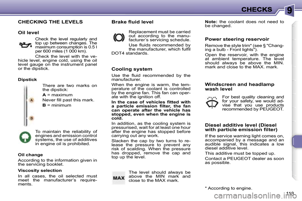 Peugeot 307 Break Dag 2007  Owners Manual �1�1�3
�C�H�E�C�K�I�N�G� �T�H�E� �L�E�V�E�L�S
�T�h�e�r�e�  �a�r�e�  �t�w�o�  �m�a�r�k�s�  �o�n� �t�h�e� �d�i�p�s�t�i�c�k�:
�A� �=� �m�a�x�i�m�u�m
�N�e�v�e�r� �ﬁ�l�l� �p�a�s�t� �t�h�i�s� �m�a�r�k�.
�