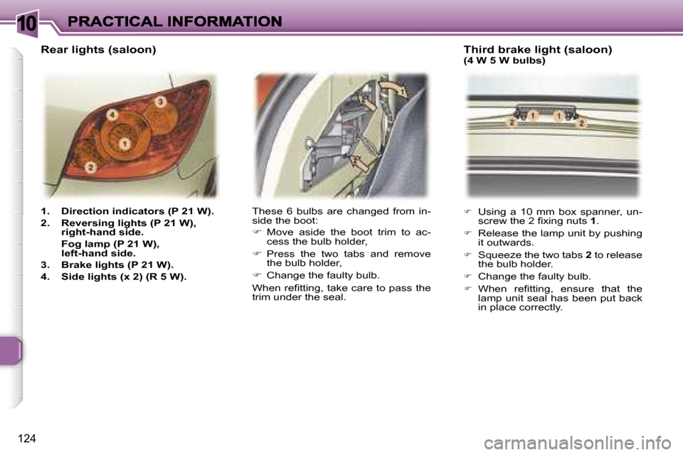 Peugeot 307 Break Dag 2007  Owners Manual �1�0
�1�2�4
�1�.�  �D�i�r�e�c�t�i�o�n� �i�n�d�i�c�a�t�o�r�s� �(�P� �2�1� �W�)�.
�2�.�  �R�e�v�e�r�s�i�n�g� �l�i�g�h�t�s� �(�P� �2�1� �W�)�,� �r�i�g�h�t�-�h�a�n�d� �s�i�d�e�.
�  �F�o�g� �l�a�m�p� �(�P�