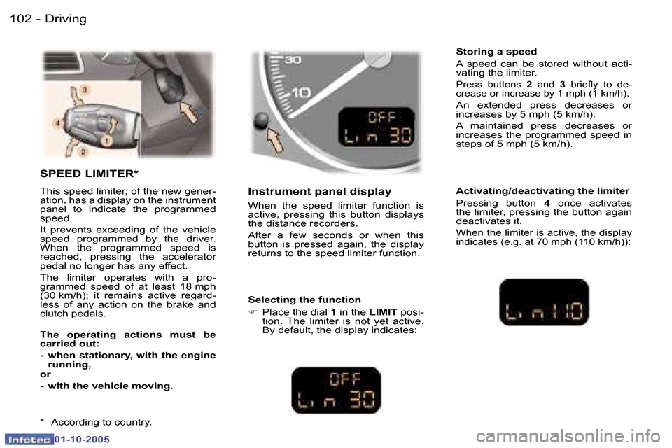 Peugeot 307 Break Dag 2005.5  Owners Manual �D�r�i�v�i�n�g�1�0�2 �-
�0�1�-�1�0�-�2�0�0�5
�1�0�3�D�r�i�v�i�n�g�-
�0�1�-�1�0�-�2�0�0�5
�S�P�E�E�D� �L�I�M�I�T�E�R�*
�T�h�i�s� �s�p�e�e�d� �l�i�m�i�t�e�r�,� �o�f� �t�h�e� �n�e�w� �g�e�n�e�r�- 
�a�t�i