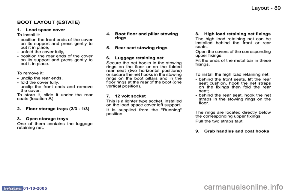 Peugeot 307 Break Dag 2005.5 Owners Manual �L�a�y�o�u�t�8�8 �-
�0�1�-�1�0�-�2�0�0�5
�8�9�L�a�y�o�u�t�-
�0�1�-�1�0�-�2�0�0�5
�B�O�O�T� �L�A�Y�O�U�T� �(�E�S�T�A�T�E�)
�1�.�  �L�o�a�d� �s�p�a�c�e� �c�o�v�e�r 
�T�o� �i�n�s�t�a�l�l� �i�t�:
�-�  �p�